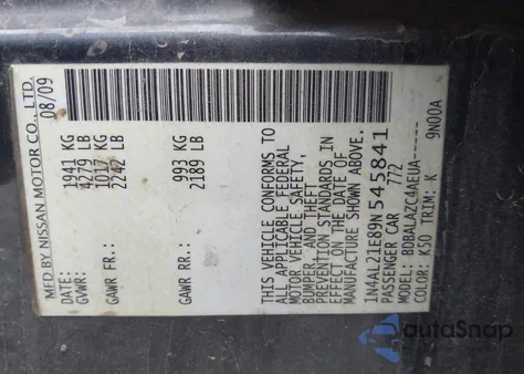 2009 Nissan Altima 2.5 from USA, damaged, VIN 1N4AL21E89N545841